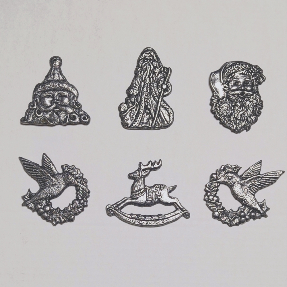 Vintage Christmas Carson Pewter Silver Tone Holiday Ornament Collection Set Of 6